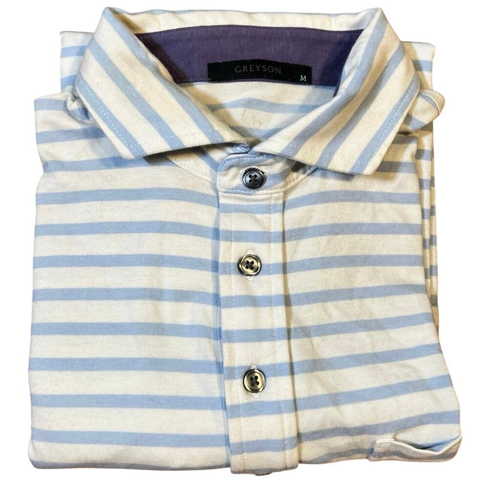 Greyson Blue and White Striped Polo Shirt